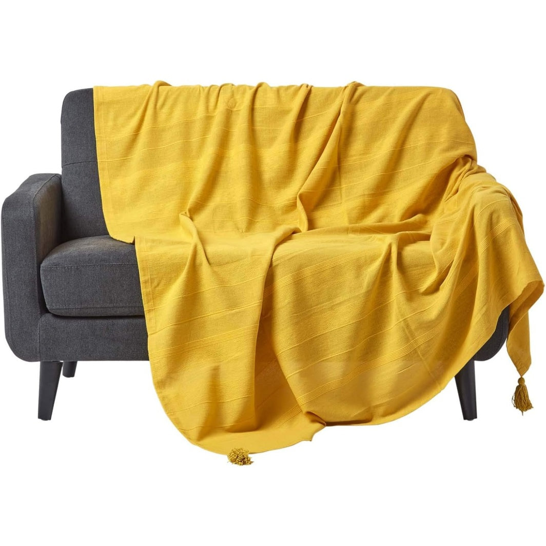 Coperta Arredo in Cotone Jacquard con Frange Decorative Giallo Mandarino 225 ¡Á 255 cm