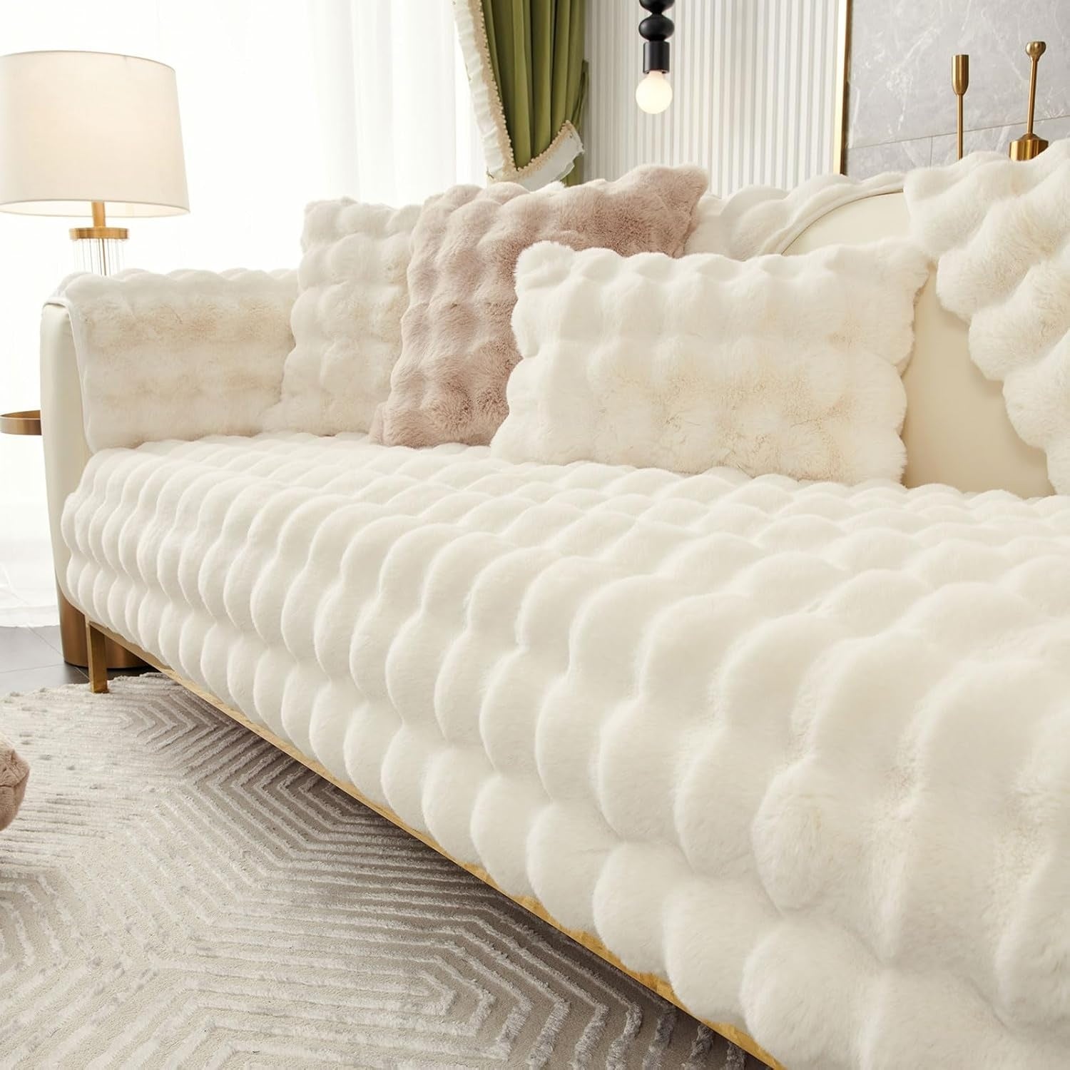 Telo in Peluche Morbido Antiscivolo per Divano e Chaise Longue Bianco Latte
